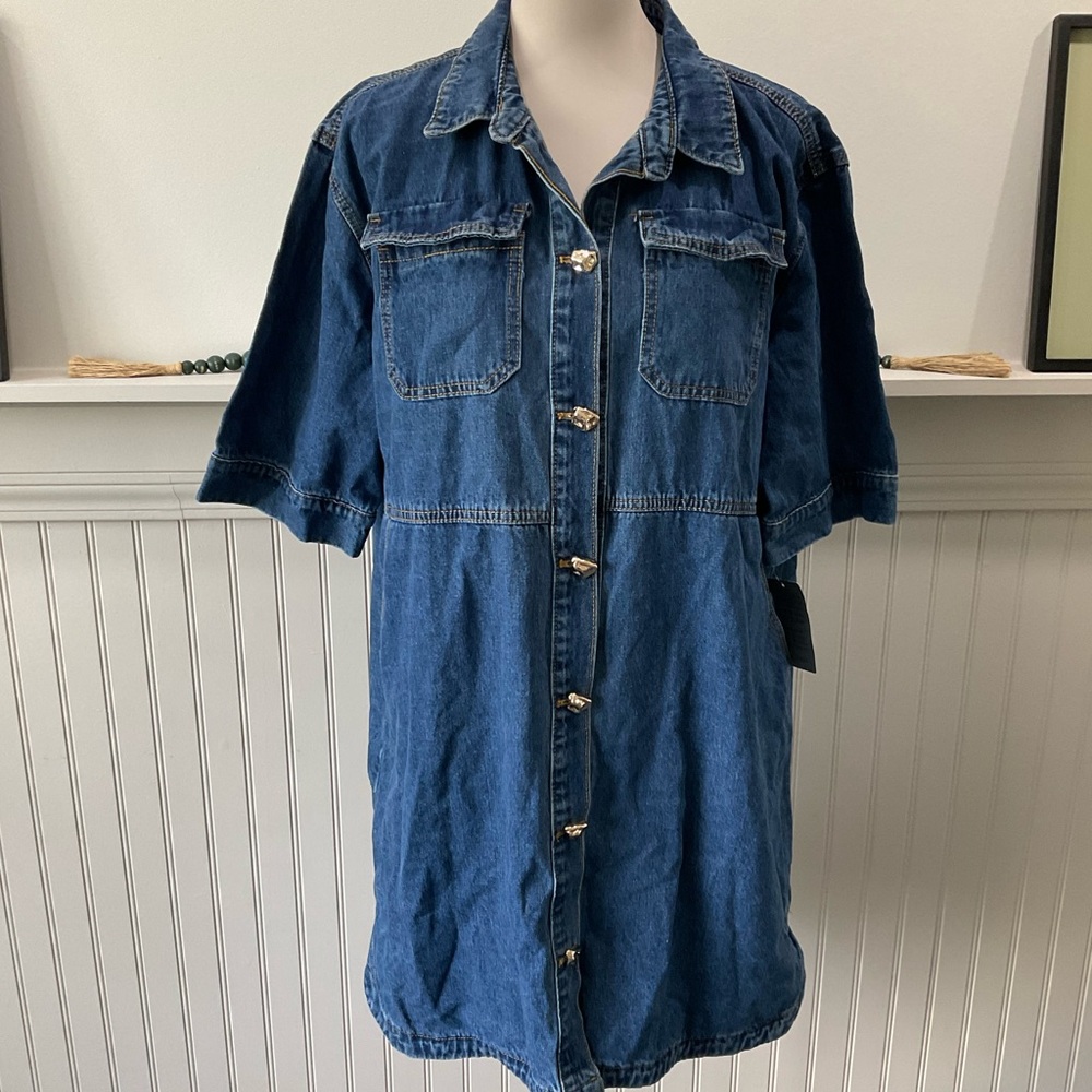 Petal  & Pup Denim Mini Dress NWT Button Front Gold Buttons Pockets Cotton